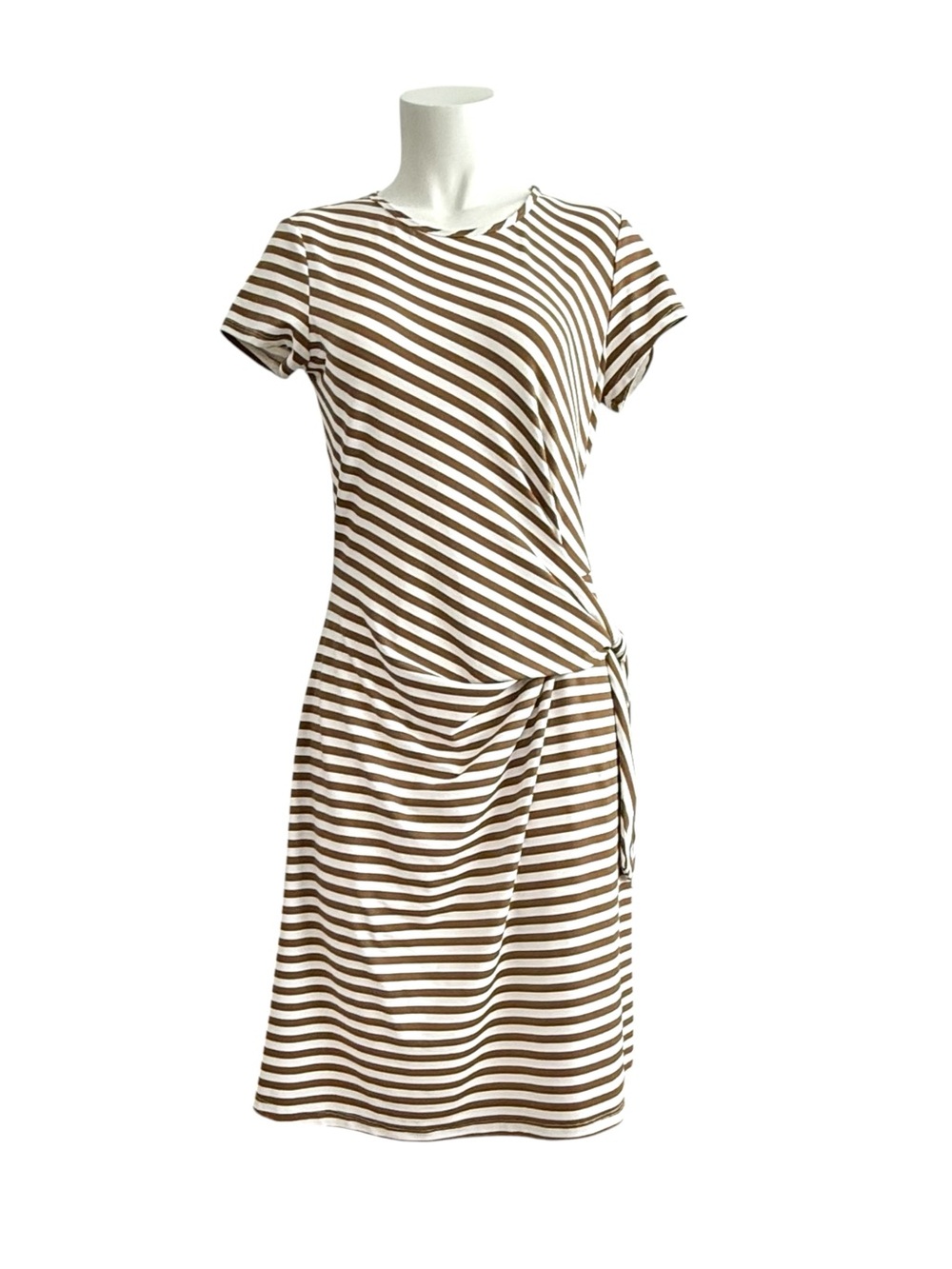 J. McLaughlin Brown Cream Striped Faux Wrap Short Sleeve Dress